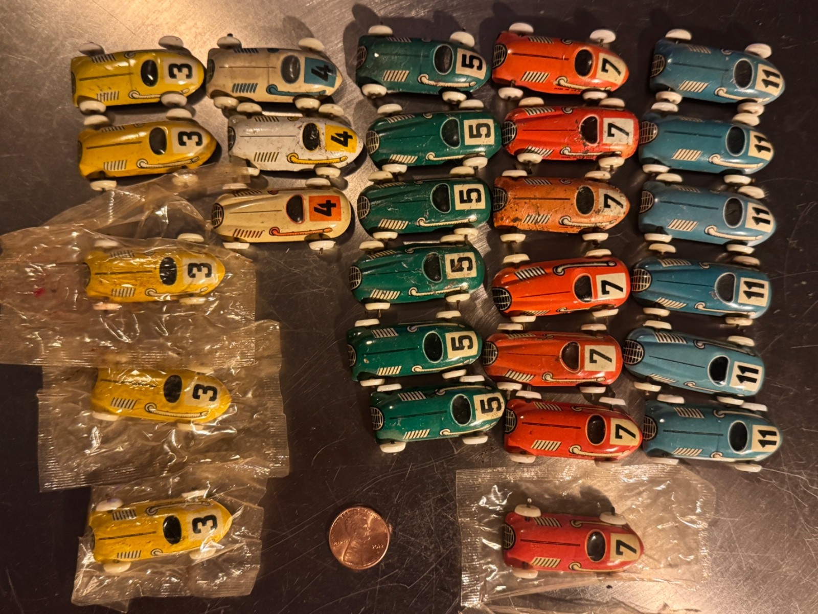 RARE 1950\'s Vintage Biller Penny Tin Toy US Zone Germany Race Car Lot of 27