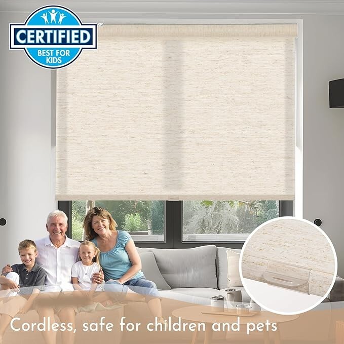 Blackout Cream Linen Natural Woven METechs Custom Size Cordless Roller Shades