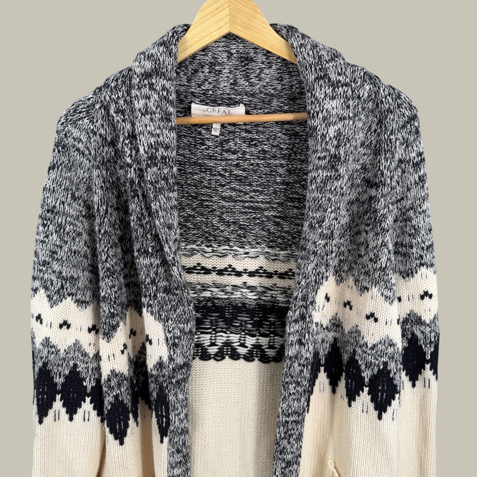 The GREAT Womens Size 1 Dark Navy Cream Patterned Open Front Cardigan Sweater