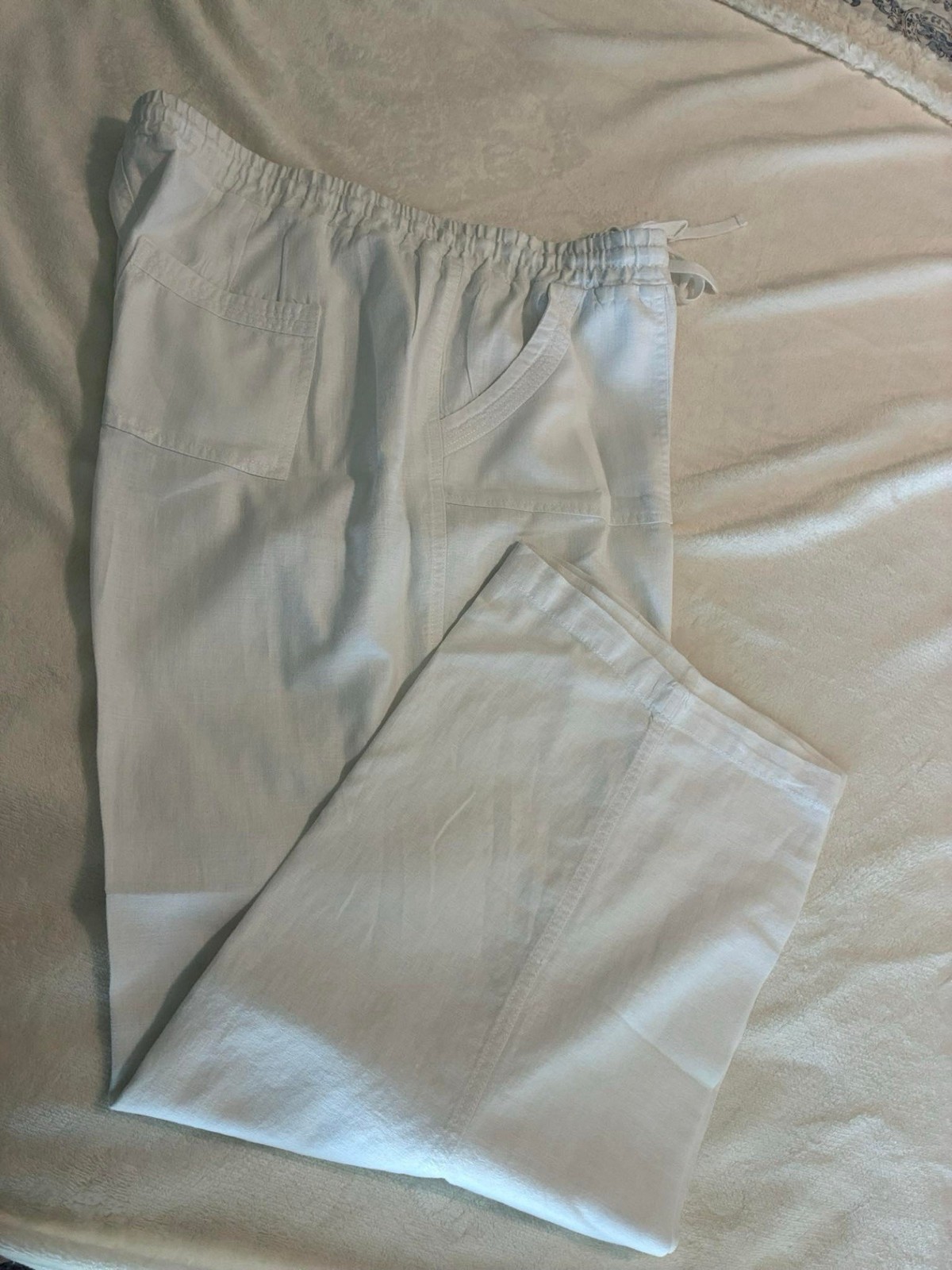 Cato Women\'s Linen Blend Pants Large White Drawstring Relaxed Beach Casual Preow Cato Women\'s Linen Blend Pants Large White Drawstring Relaxed Beach Casual Preow