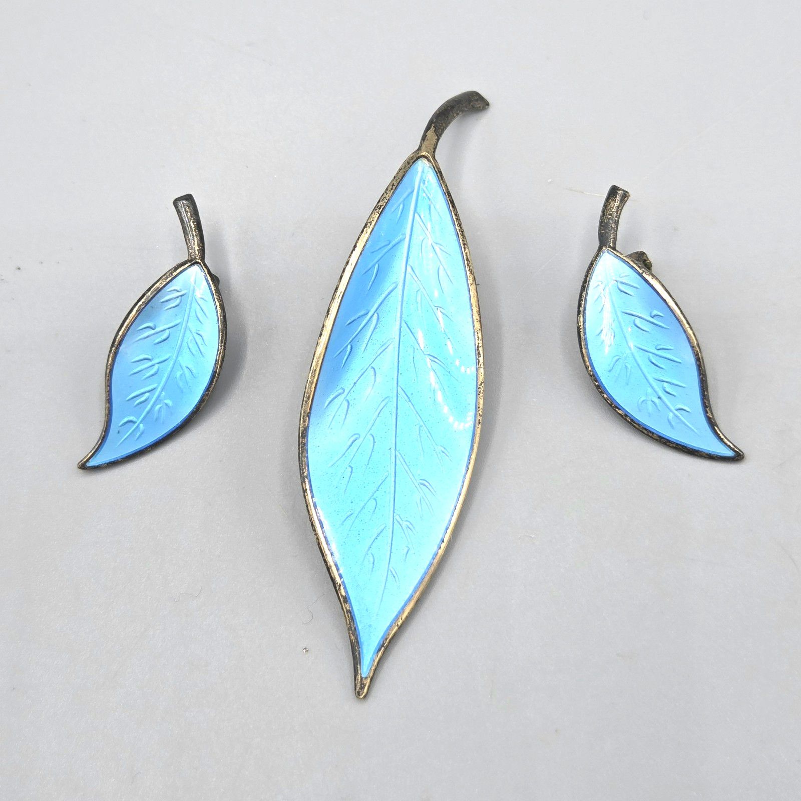 David Andersen Norway Sterling Silver Blue Enamel Leaf Earrings & Brooch 12.3g