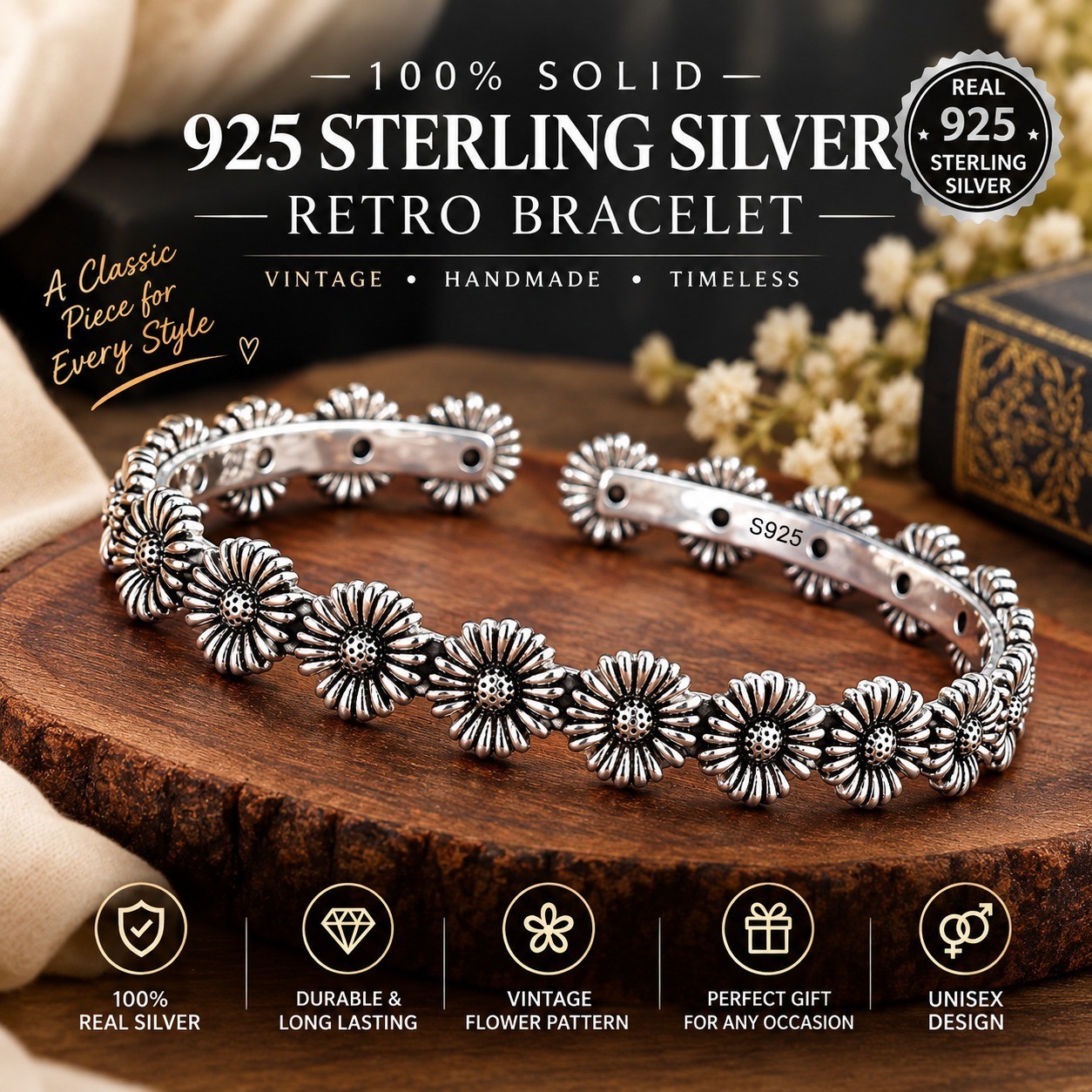 Solid 925 Sterling Silver Flower Bracelet Vintage Retro Floral Bangle Women Gift