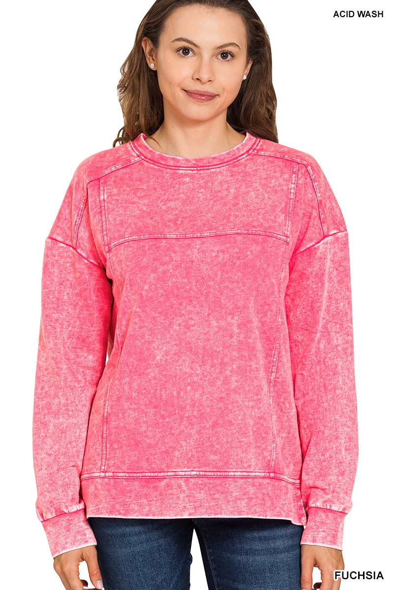 Zenana TTW-5354Y Exposed Seam Acid Washed Sweatshirt Fuchsia