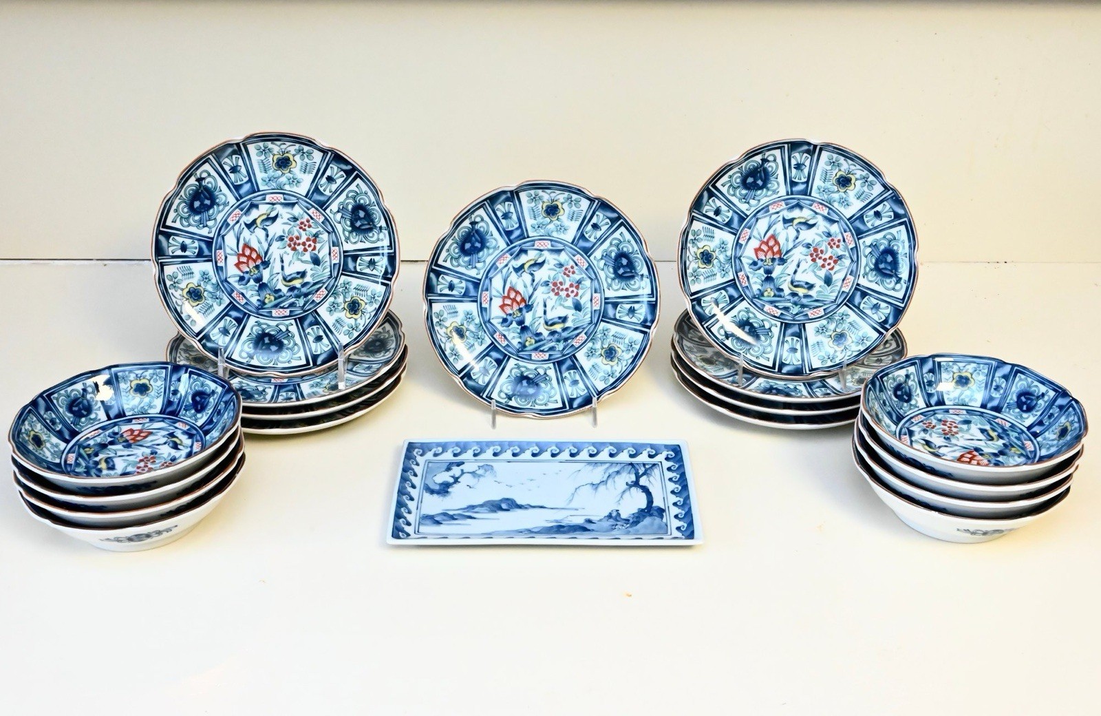 18pc Japanese Arita Sometsuke Blue White Porcelain Set - Crane & Landscape Showa