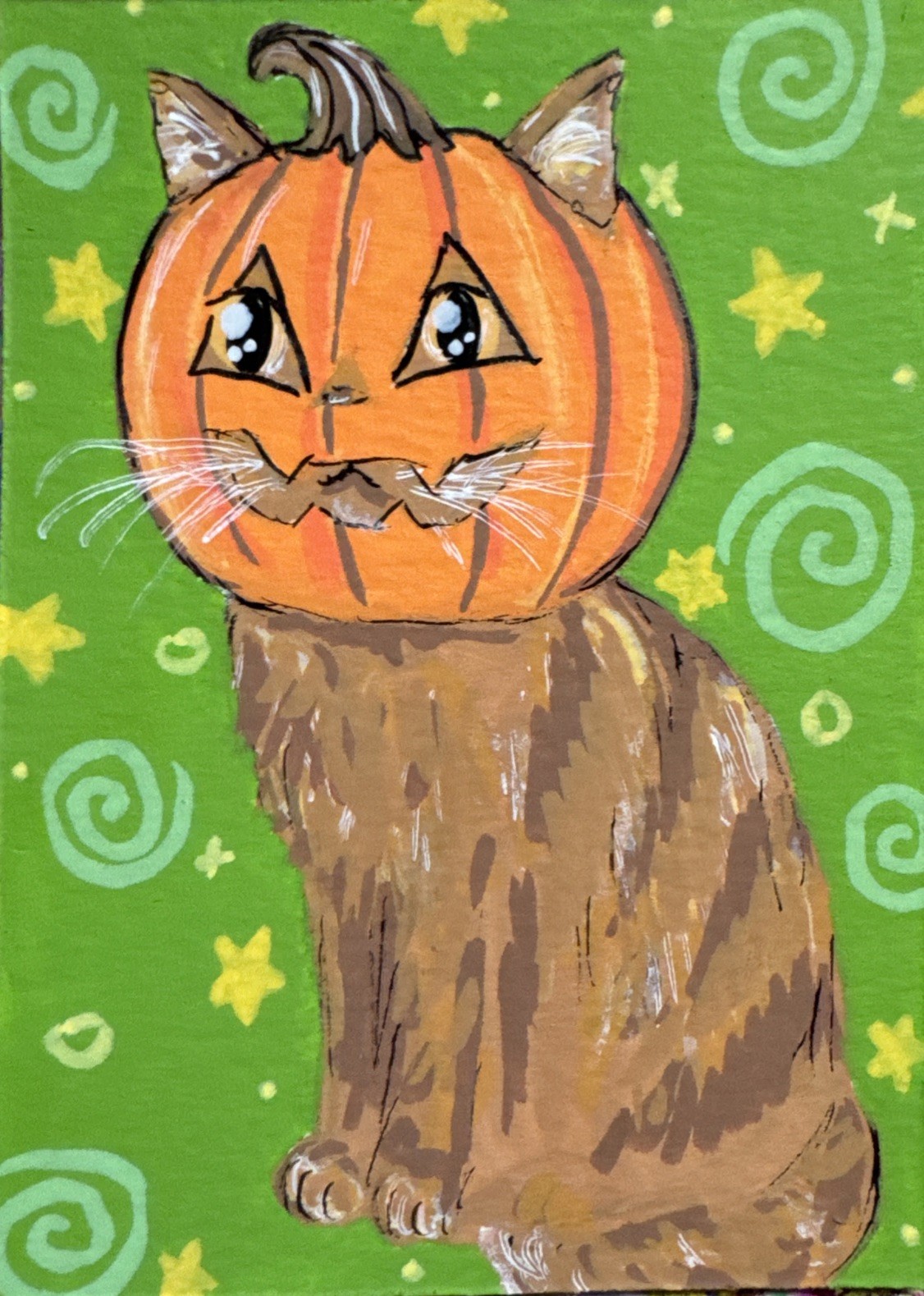 ACEO ORIGINAL Orange Halloween Cat Pumpkin Head spooky scary Jack o lantern 