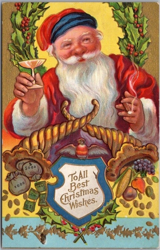 c1910s Christmas Embossed Postcard SANTA CLAUS Drinking Wine & Smoking Cigar