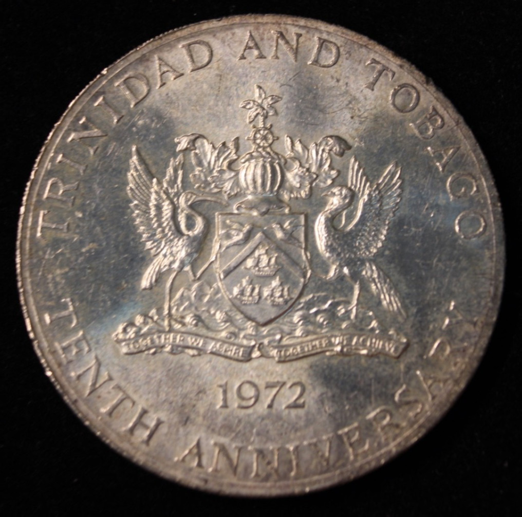 1972 Trinidad and Tobago 5 Dollar Silver Coin Independence AU Bright Mint Luster