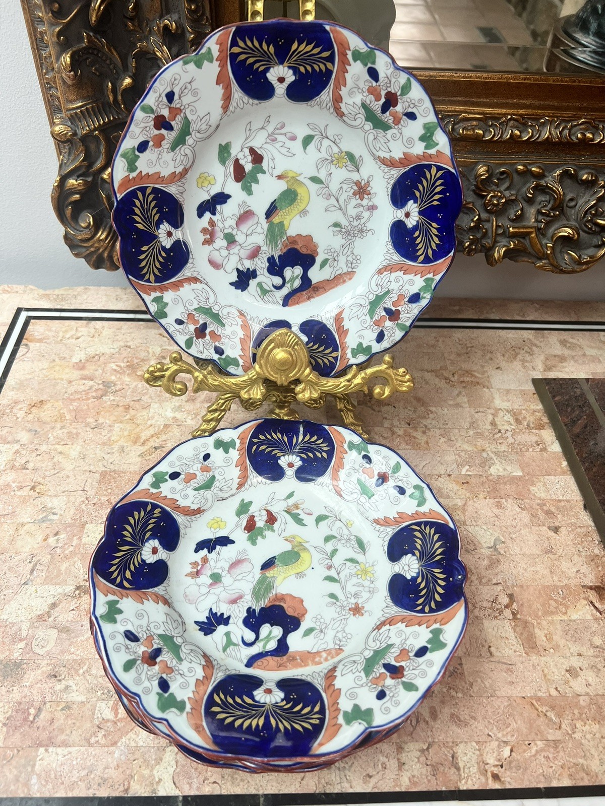 5 Vintage  Mason\'s Patent Ironstone Peacock Floral Motif plates 