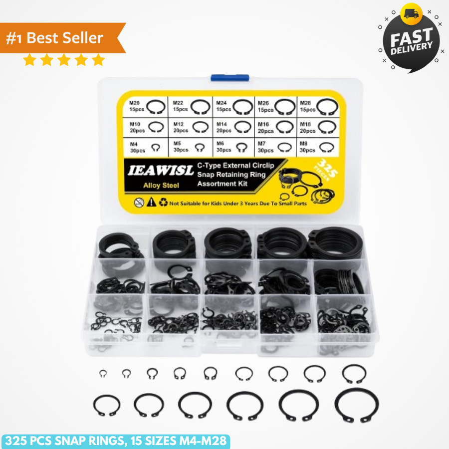 Snap Ring Set, 325Pcs Alloy Steel External Retaining Ring 15 Sizes C-Clips, C...