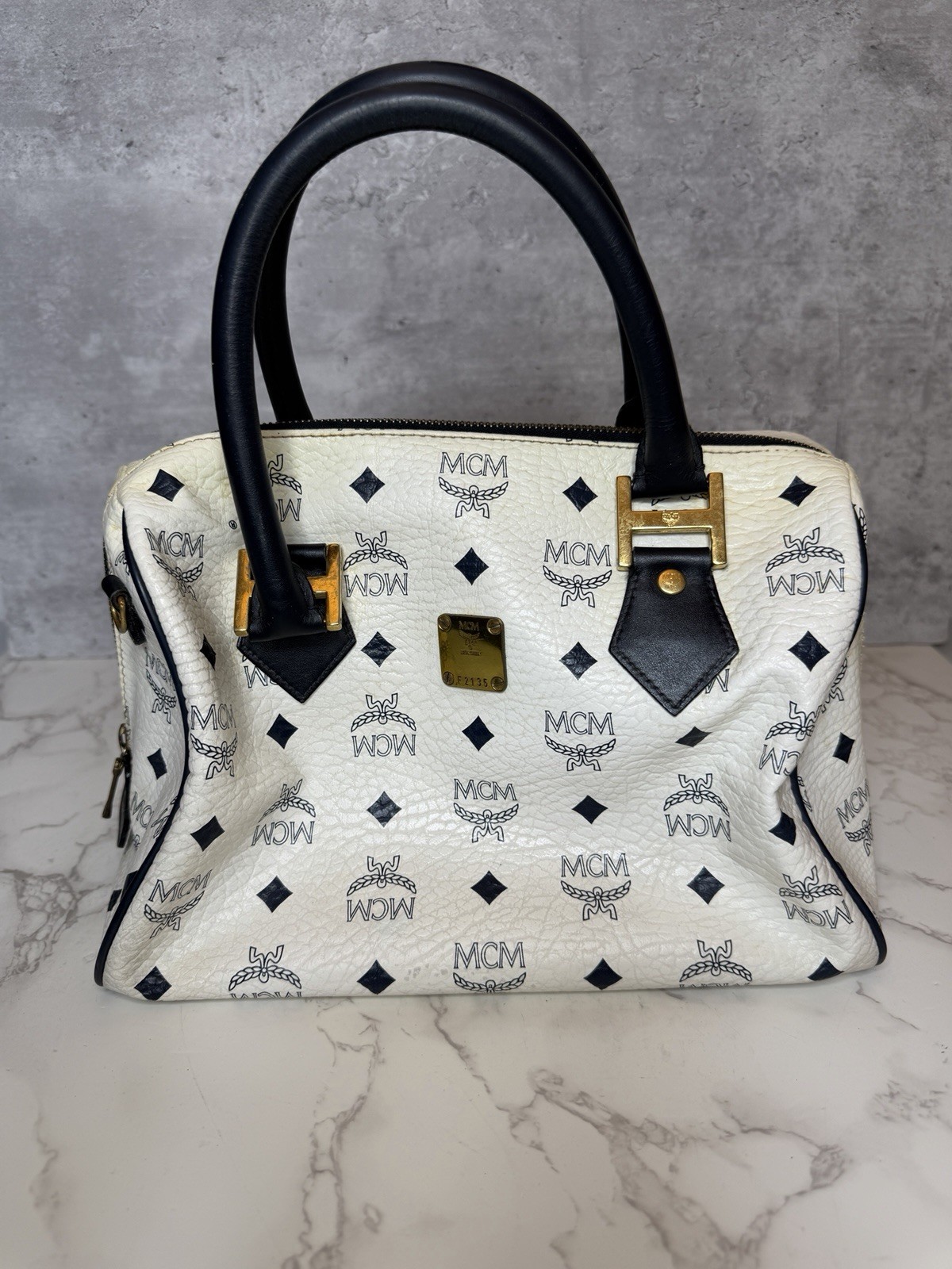 Vintage MCM White Navy Visetos Monogram Boston Satchel Handbag Gold Hardware