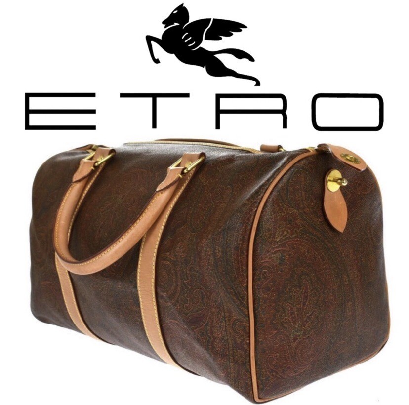 Authentic Vintage ETRO Paisley Boston Speedy  Satchel Brown Leather PVC Bag 1992