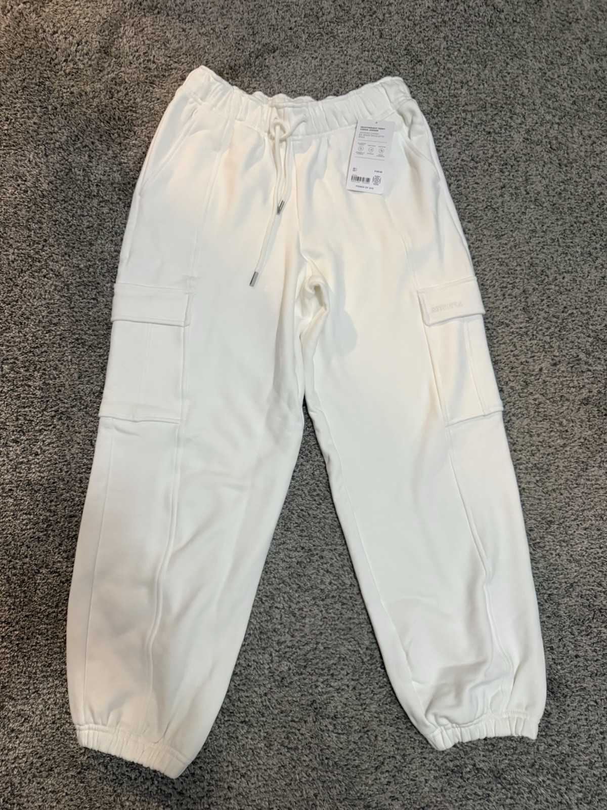 Athleta Women’s Cargo Jogger Pants S Regular White Terry Cotton Blend Drawstring