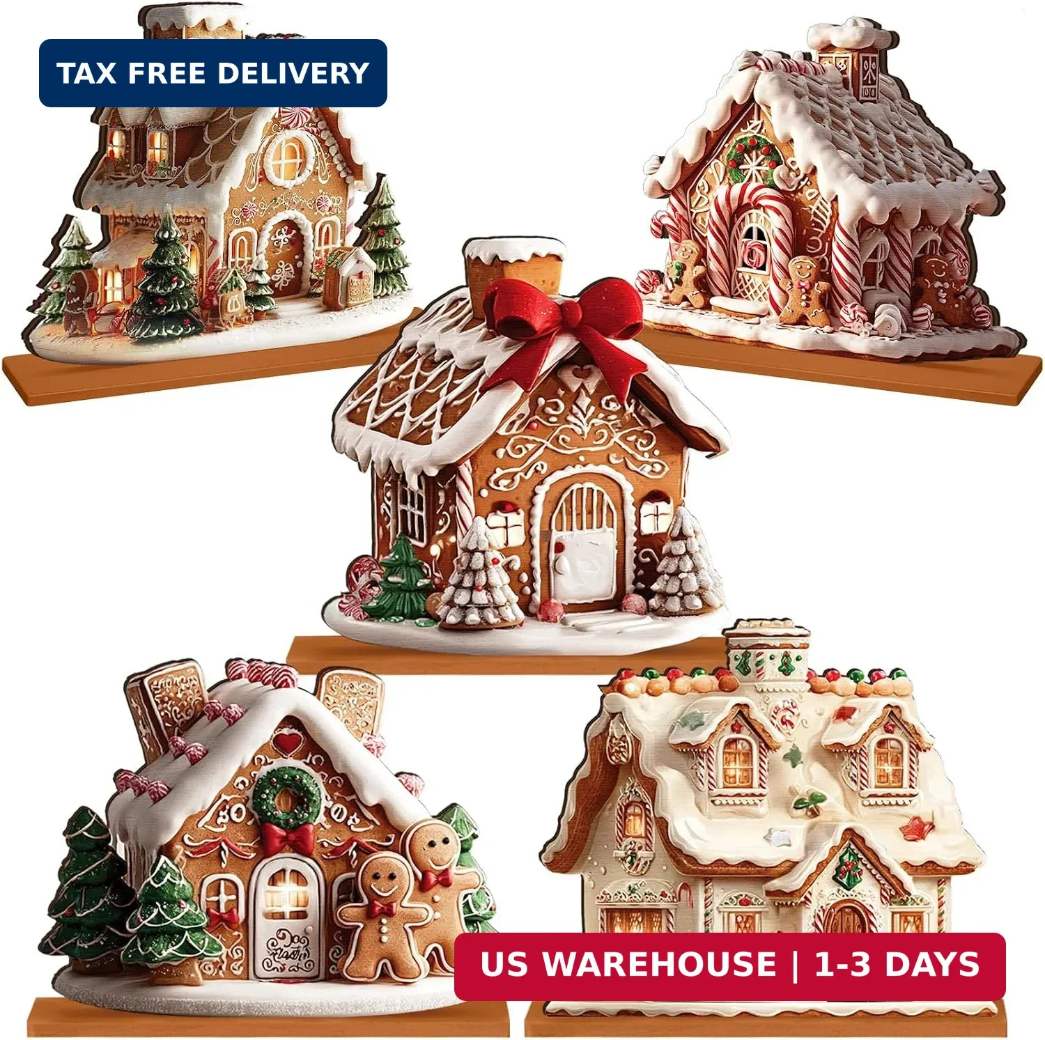 RattanView 5 Pcs Gingerbread Christmas Table Decor, Gingerbread Village Set