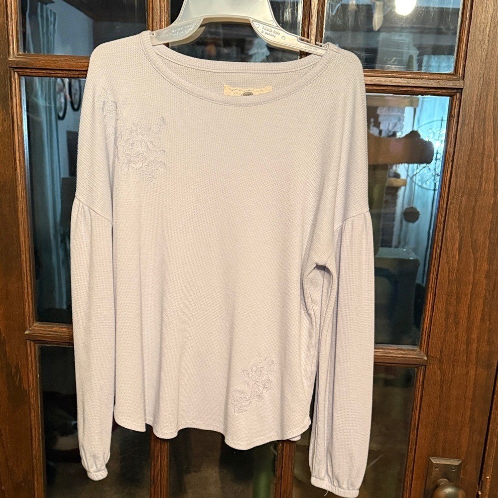 Cupio Womens Waffle Knit Thermal Top Lavender Blue Floral Embroidered Large