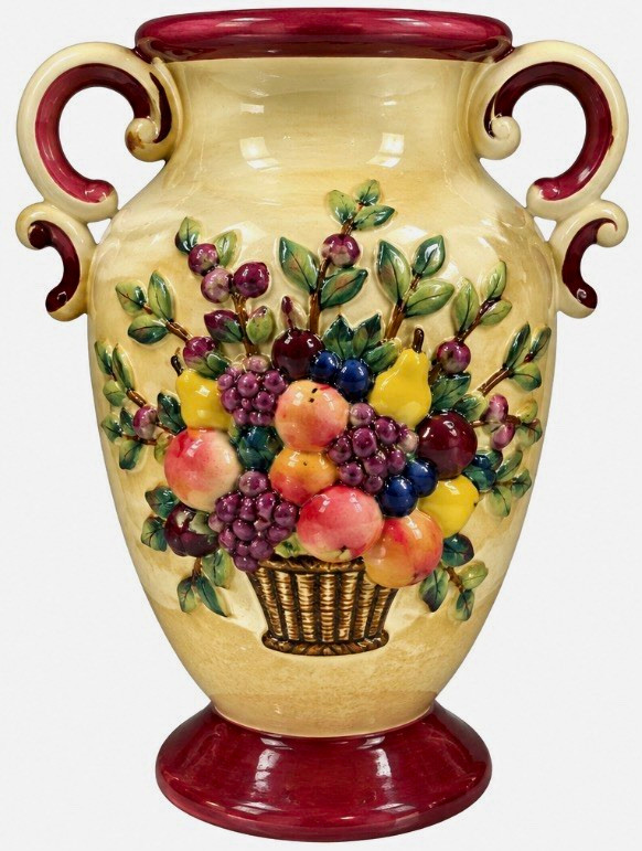 Italian Vintage Art Majolica Style Vase Double Sided Handle Glossy Pottery Vase Italian Vintage Art Majolica Style Vase Double Sided Handle Glossy Pottery Vase