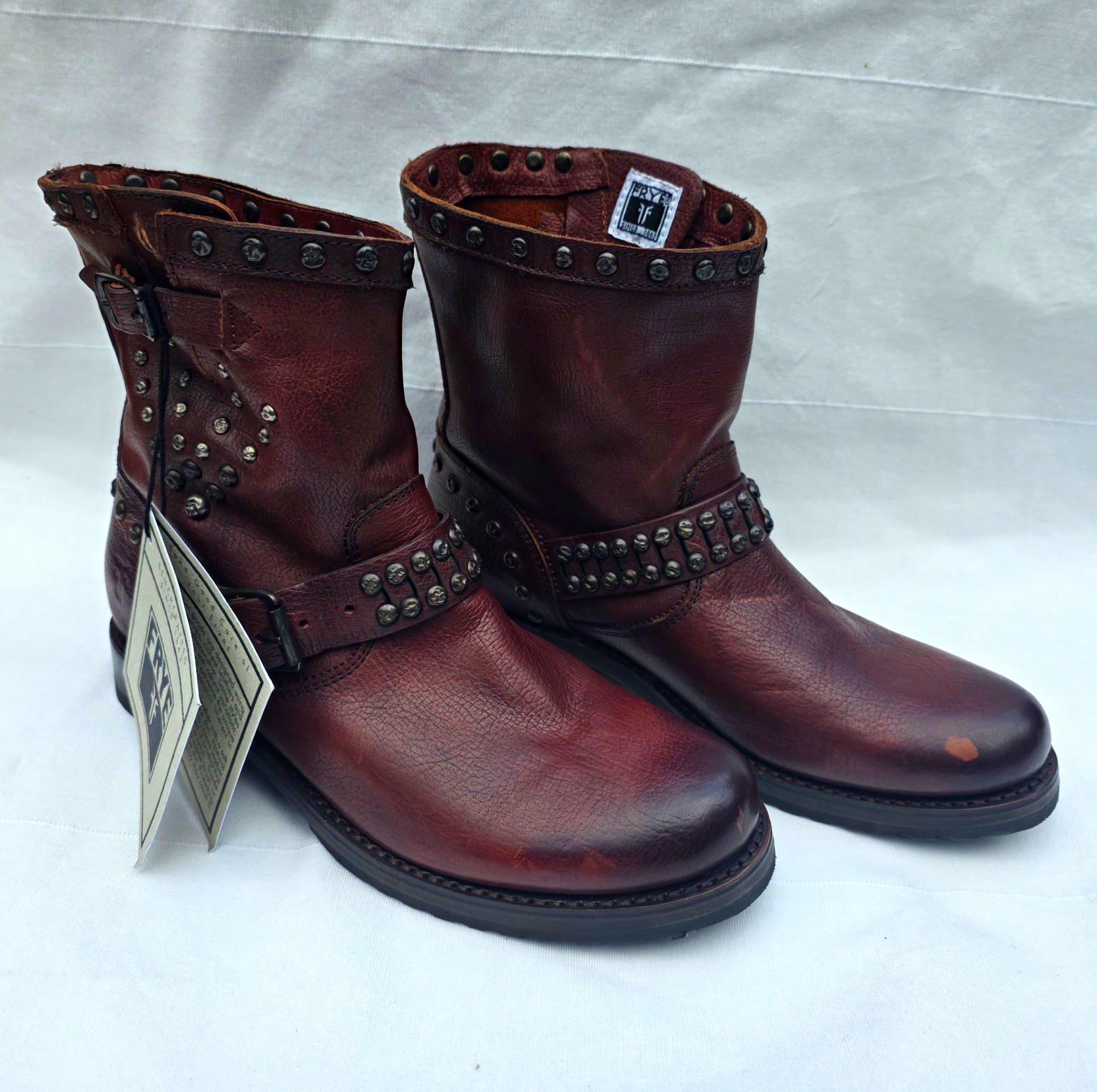 Frye Brown Leather Studded Buckle Mid-Calf Biker Boots Women’s US 7.5