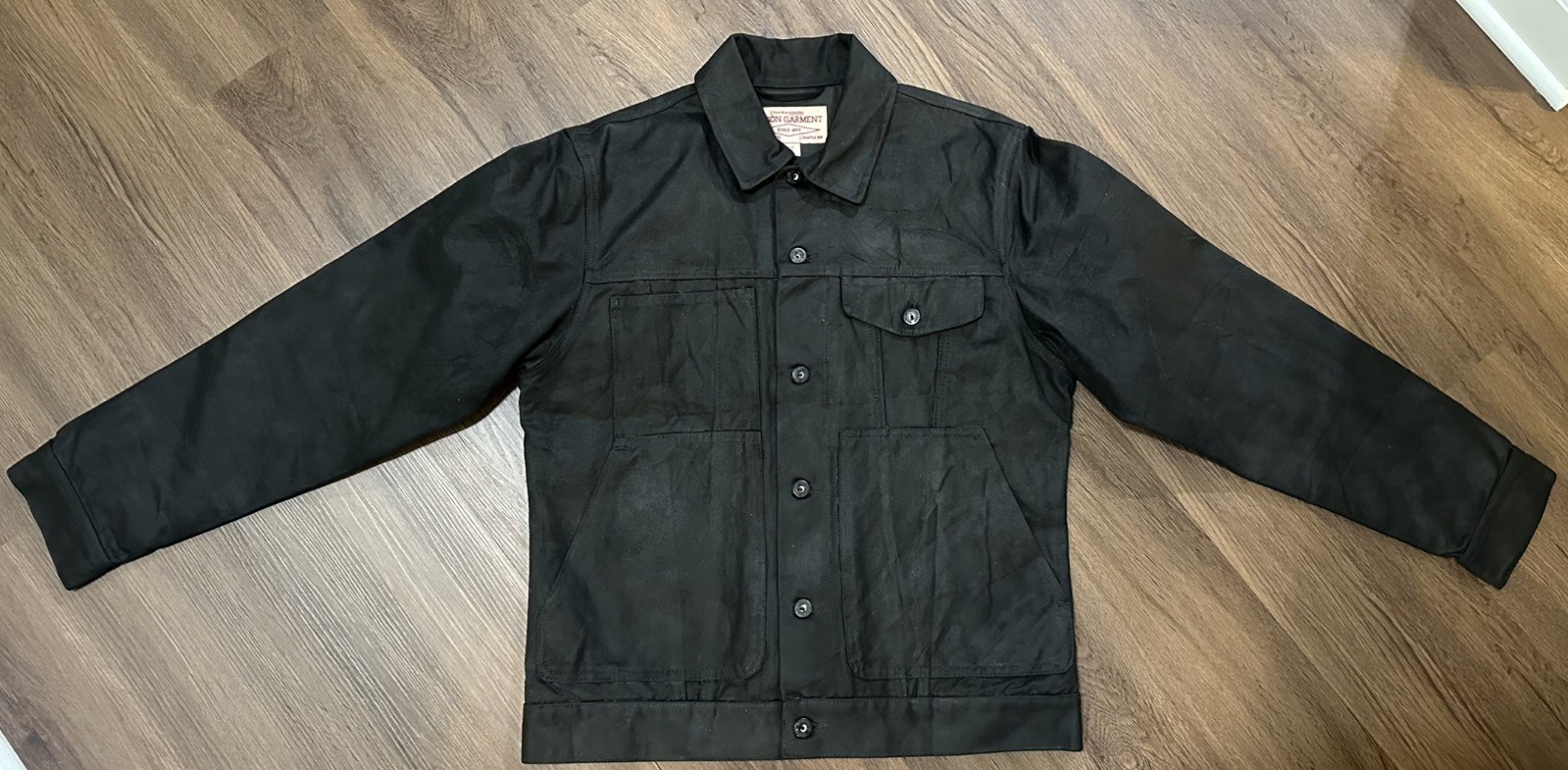 Filson TIN CLOTH SHORT LINED CRUISER Black Medium Heavy coat of Wax USA