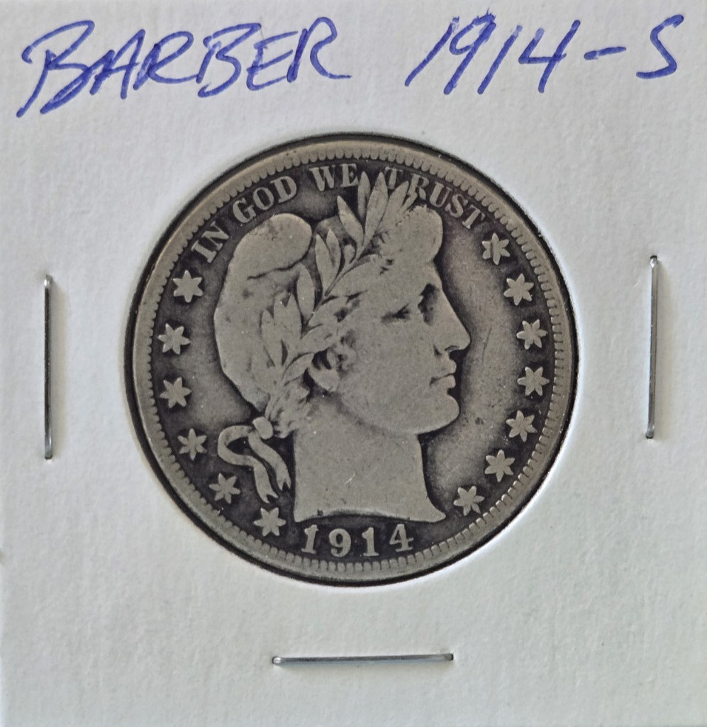 1914-S Barber Half Dollar--Fine F--50C San Francisco 90% Silver US Coin
