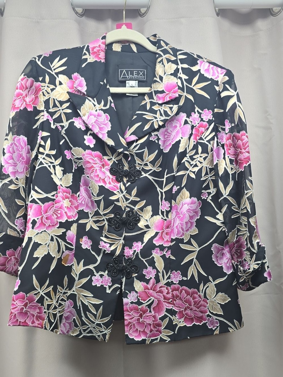 Alex Evenings Vintage Floral Black and Pink Satin Jacket Alex Evenings Vintage Floral Black and Pink Satin Jacket