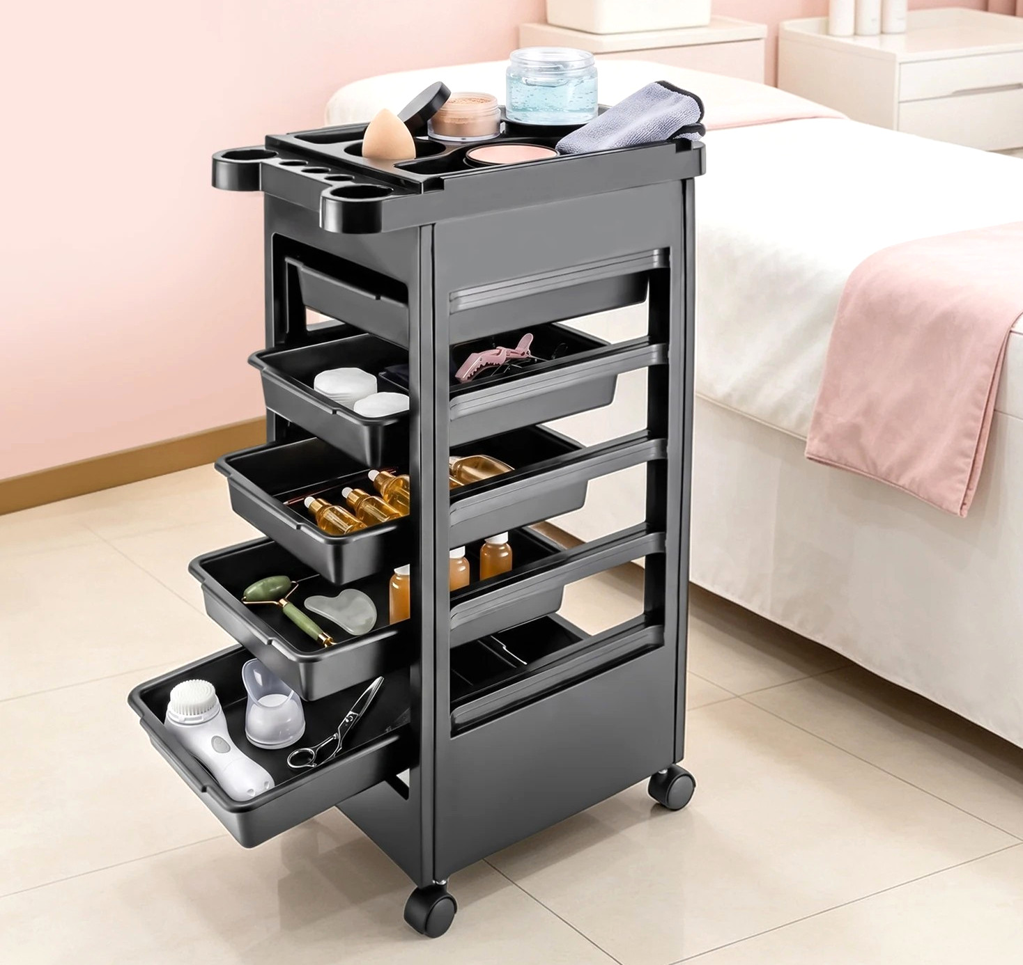 Salon Trolley Cart Wheels  Drawer Stylist Cart Barber Station Rolling Organizer
