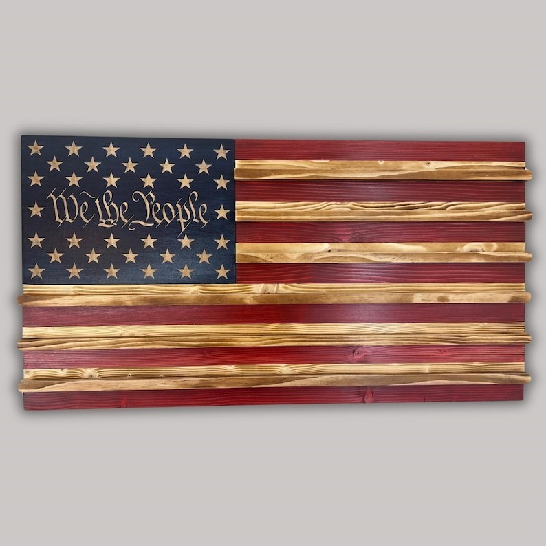 Handcrafted, Wooden American Flag Challenge Coin Display: Rustic Patriotic Decor
