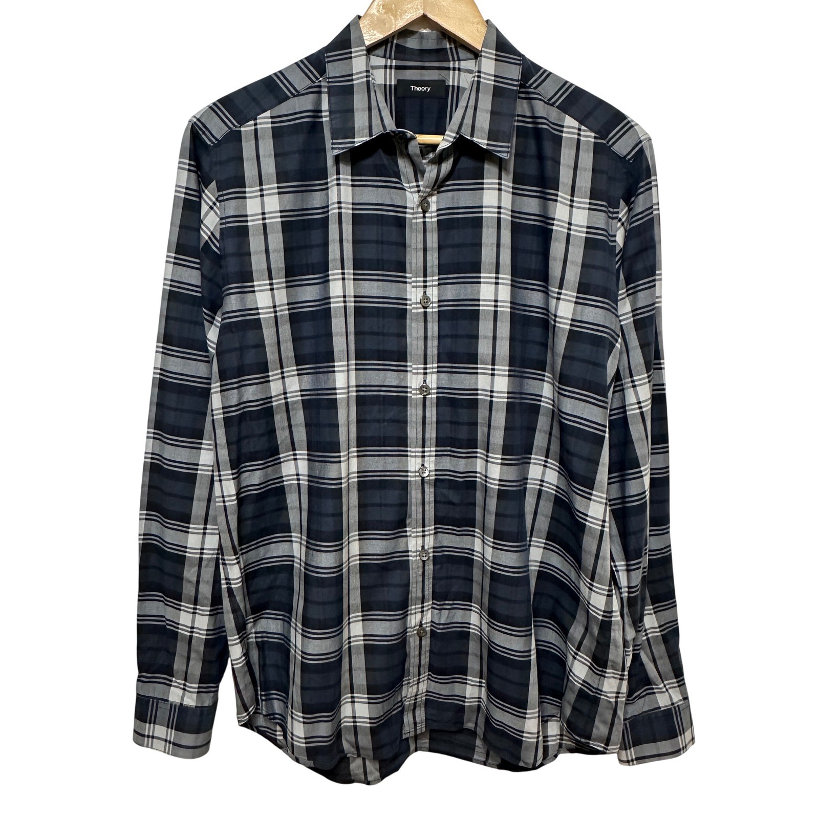 Theory Mens Zack Plaid Button Down Shirt Mens Large Blue Gray Cotton Luxury