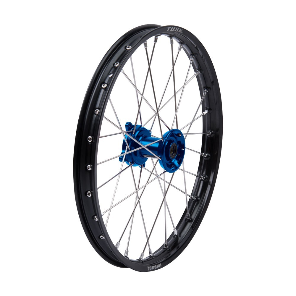 Tusk Impact Front Wheel 19x1.40 Black Rim/Silver Spoke/Blue Hub - Kawasaki KX85 Tusk Impact Front Wheel 19x1.40 Black Rim/Silver Spoke/Blue Hub - Kawasaki KX85