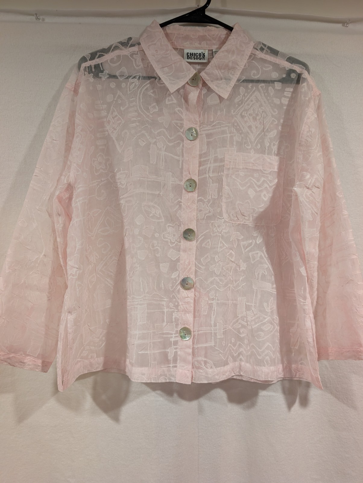 Vintage Chicos Women\'s Sheer Light Pink Button Down Blouse Size 2 Large Vintage Chicos Women\'s Sheer Light Pink Button Down Blouse Size 2 Large