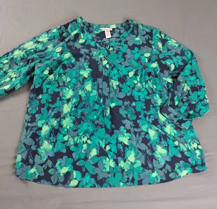 Catherines Women\'s Top Tunic Size Plus 2X Green Floral Long Sleeve 