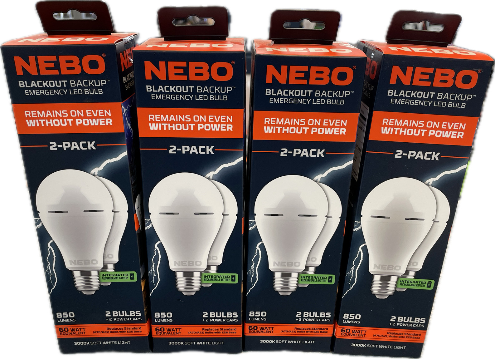 NEBO BLACKOUT BACKUP EMERGENCY LED BULB 60 WATT 4- 2 PACKS (8 Total Lights) NEBO BLACKOUT BACKUP EMERGENCY LED BULB 60 WATT 4- 2 PACKS (8 Total Lights)