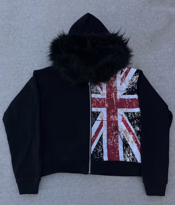 Men\'s & Women\'s Y2K Union Jack British Flag Hoodie with Faux Fur Trim - Punk Ret