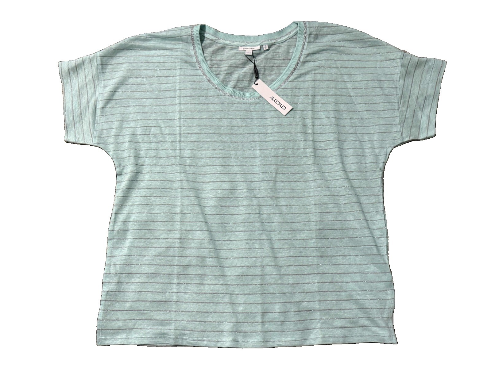 Chico’s Women’s Linen Stripe Easy Tee Top Knit Teal Waters Size 3 XL Chico’s Women’s Linen Stripe Easy Tee Top Knit Teal Waters Size 3 XL
