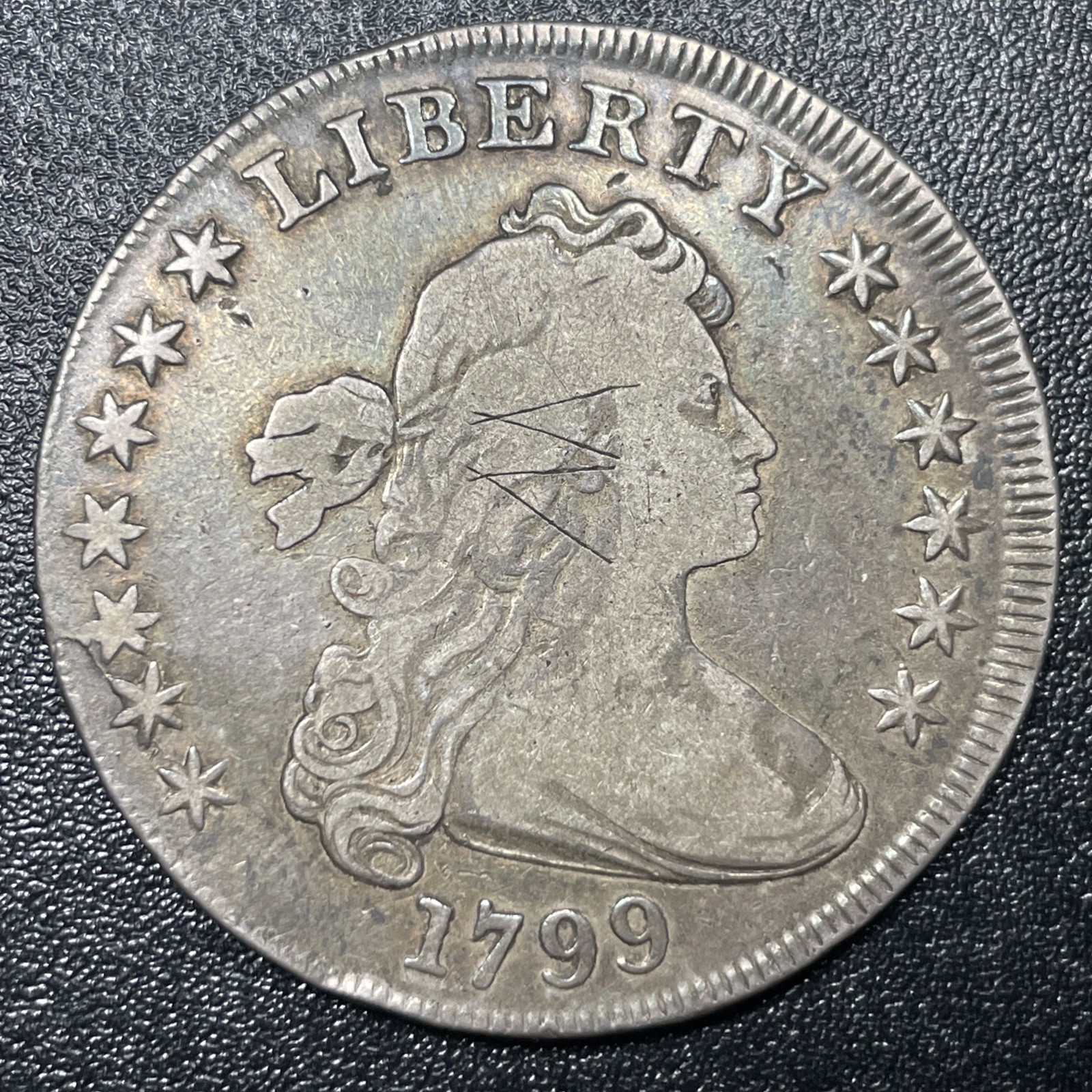 1799 Draped Bust Dollar $1 Heraldic Eagle VF Details Obverse Graffiti 1799 Draped Bust Dollar $1 Heraldic Eagle VF Details Obverse Graffiti