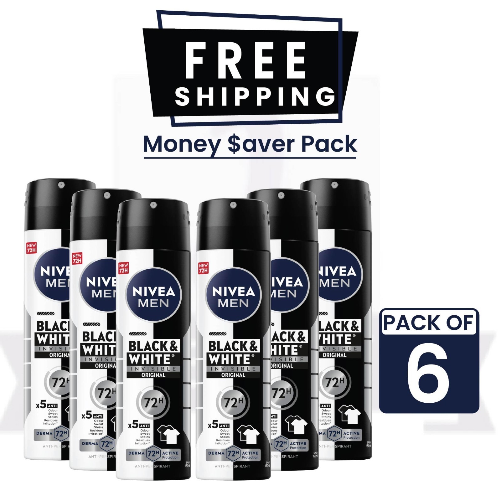 Nivea Men Invisible Power Anti-Perspirant 72h Protection Spray 150ml - PACK OF 6