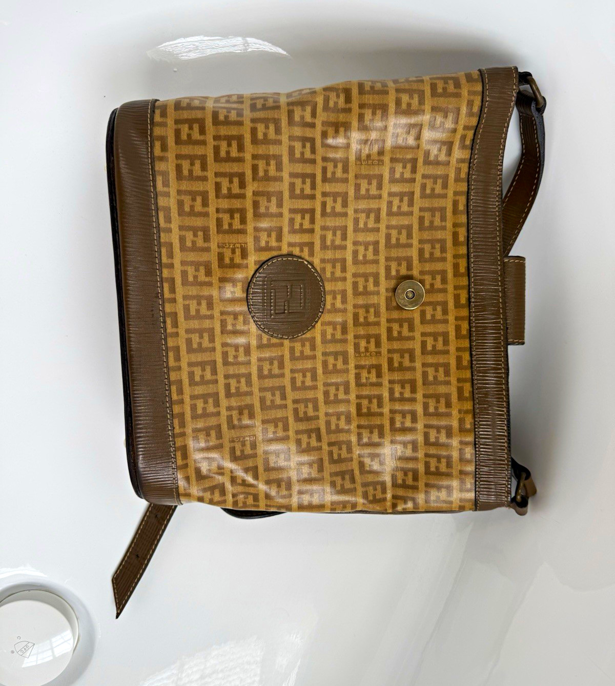 Fendi Brown Tan Monogram Coated Canvas Leather Small Crossbody Bag Gold