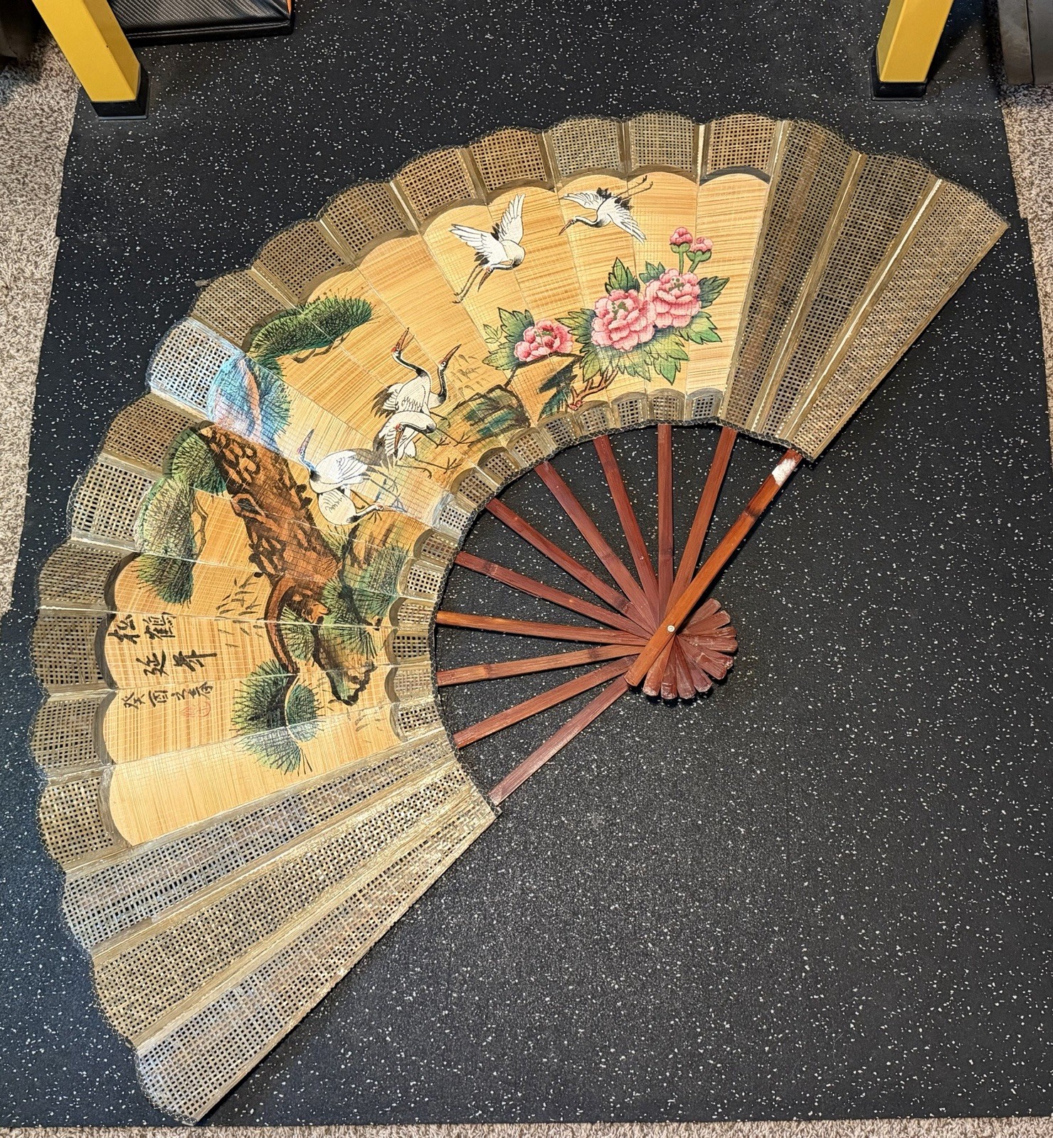 Vintage Hand Painted Oriental Folding Fan - Large Wall Hanging Art Decor 56x32 Vintage Hand Painted Oriental Folding Fan - Large Wall Hanging Art Decor 56x32