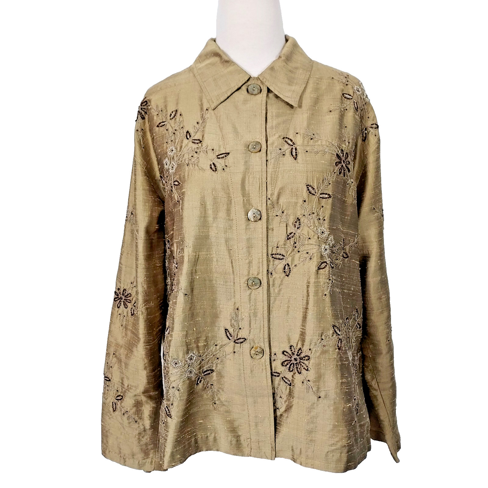 CHICO\'S DESIGN Top Blouse Size 3 Raw Silk Floral Button Up Beaded Artsy Women XL CHICO\'S DESIGN Top Blouse Size 3 Raw Silk Floral Button Up Beaded Artsy Women XL