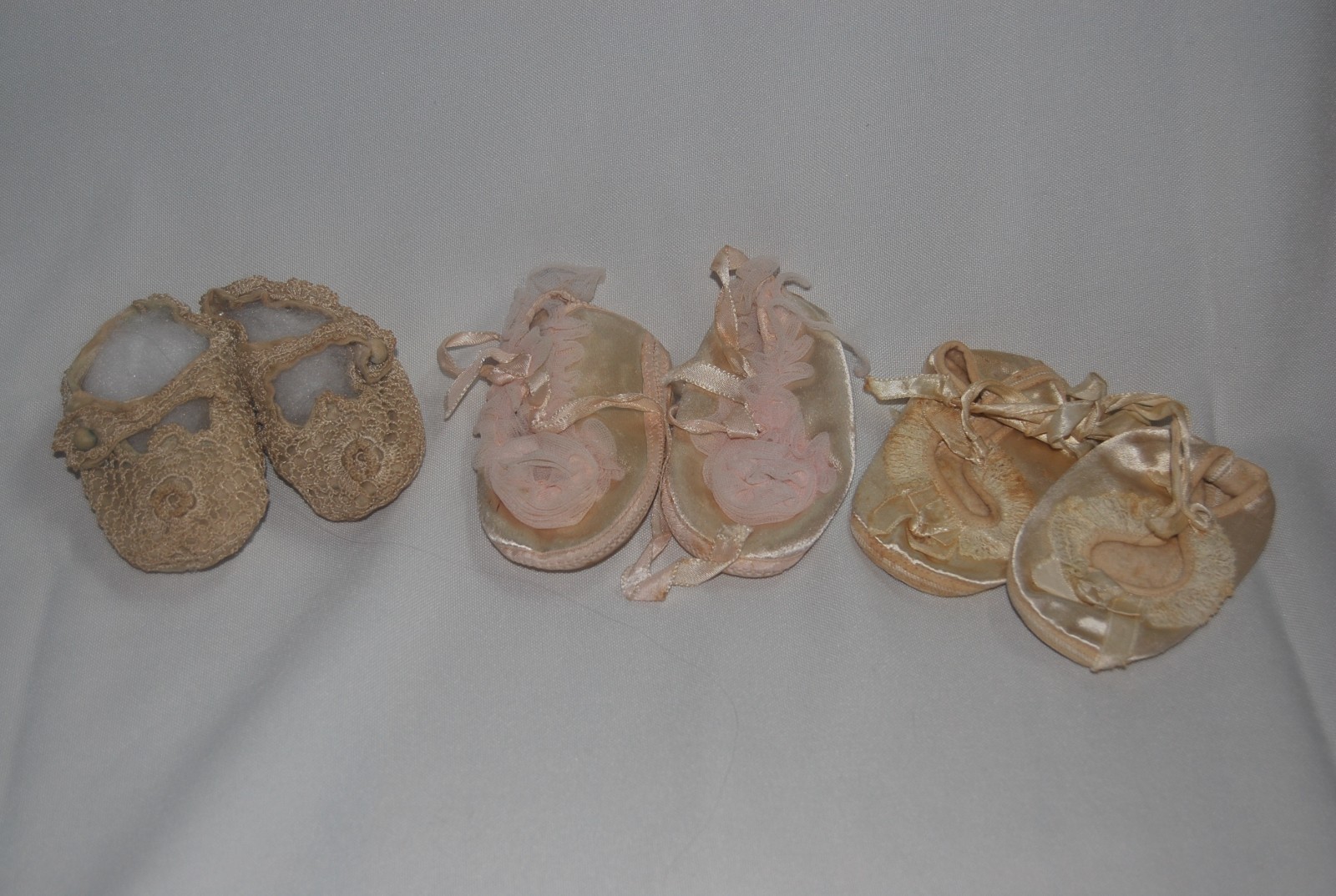 3 pairs of beautiful antique baby shoe slippers crochet satin silk ribbons 3 pairs of beautiful antique baby shoe slippers crochet satin silk ribbons