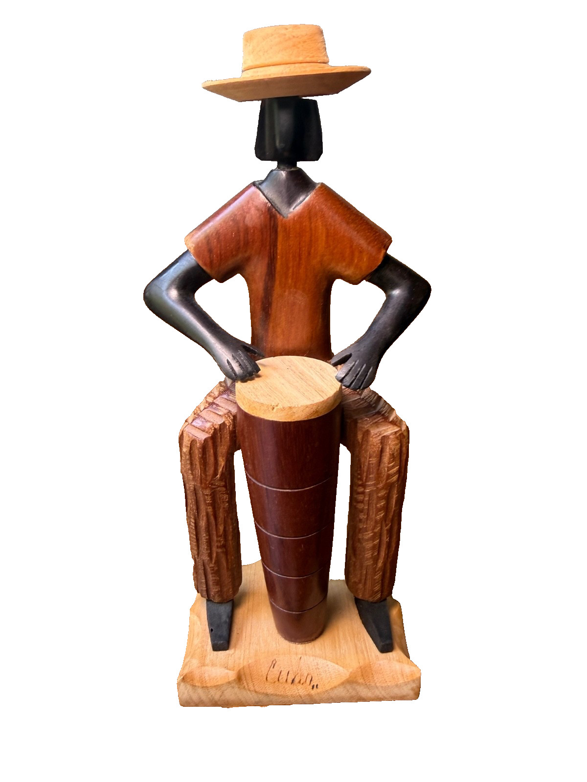 Vintage, Hand-carved Cuban Folk Art Wooden Scultpture of a Conga Drummer.