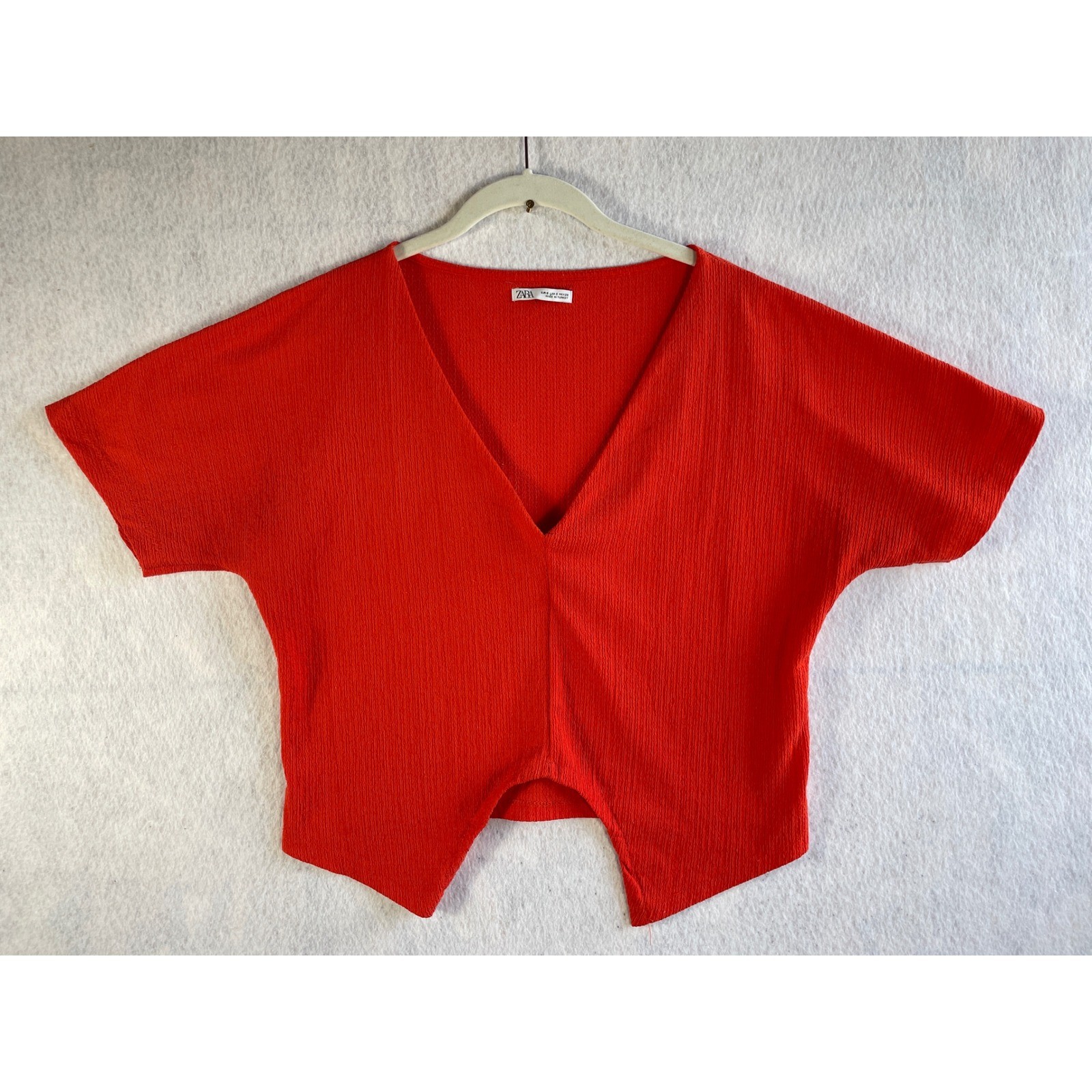 Zara Womens Orange Textured Crepe Deep V-Neck Split Hem Dolman Top Small