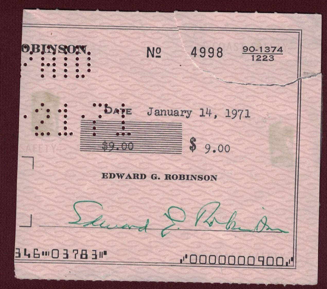 Edward G. Robinson - Signed check.   Vintage Hollywood