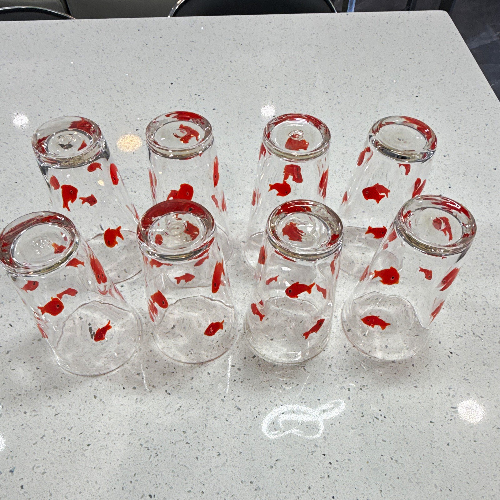 8pc Clear Glass Tumblers Goldfish Pattern Orange Decorated 10-18 oz