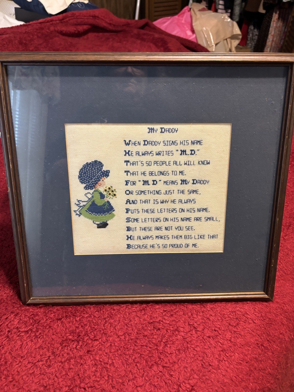 Vintage My Daddy MD Holly Hobbie Cross Stitch Framed Vintage My Daddy MD Holly Hobbie Cross Stitch Framed