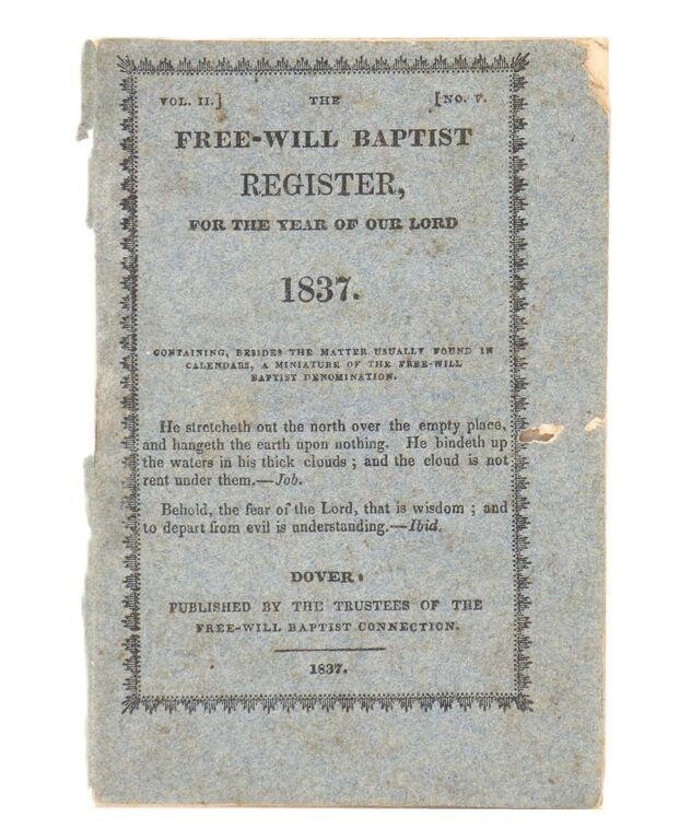 1837 Anti Slavery Pamplet Free Will Baptist Registar