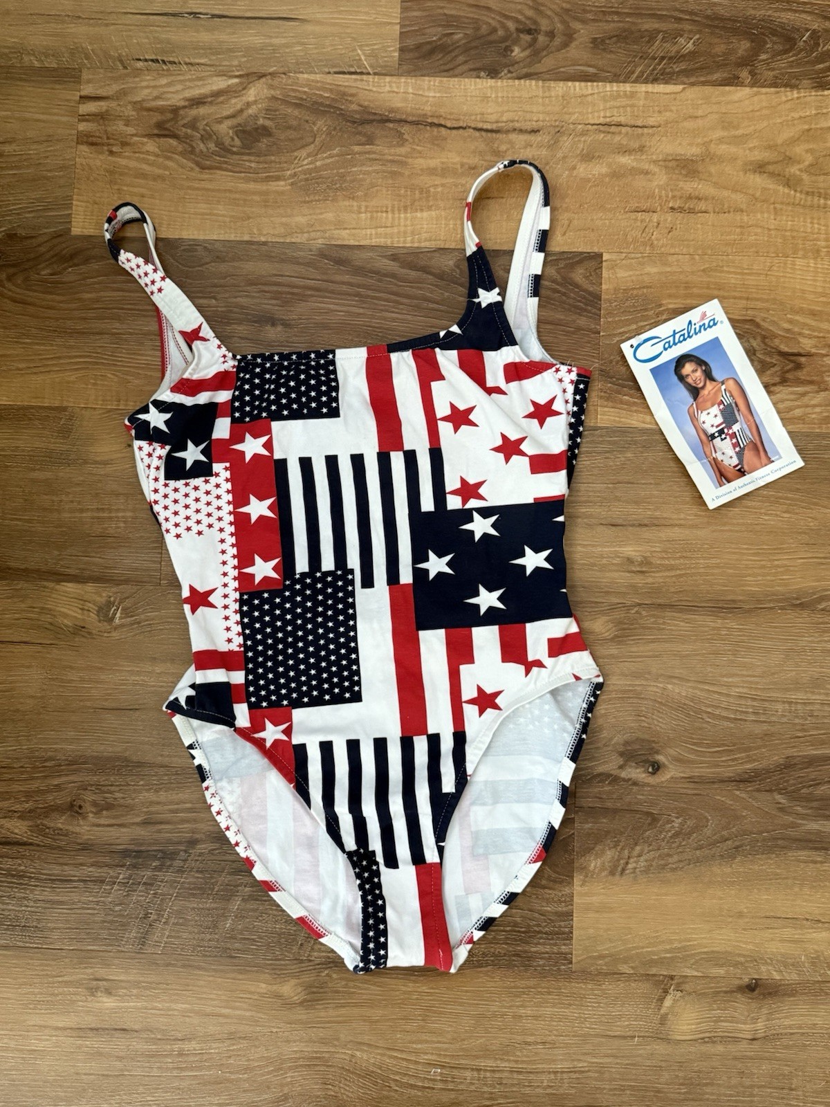 Vintage 80s 90s Patriotic Flag print Catalina swimsuit size 14 Rare With Tags