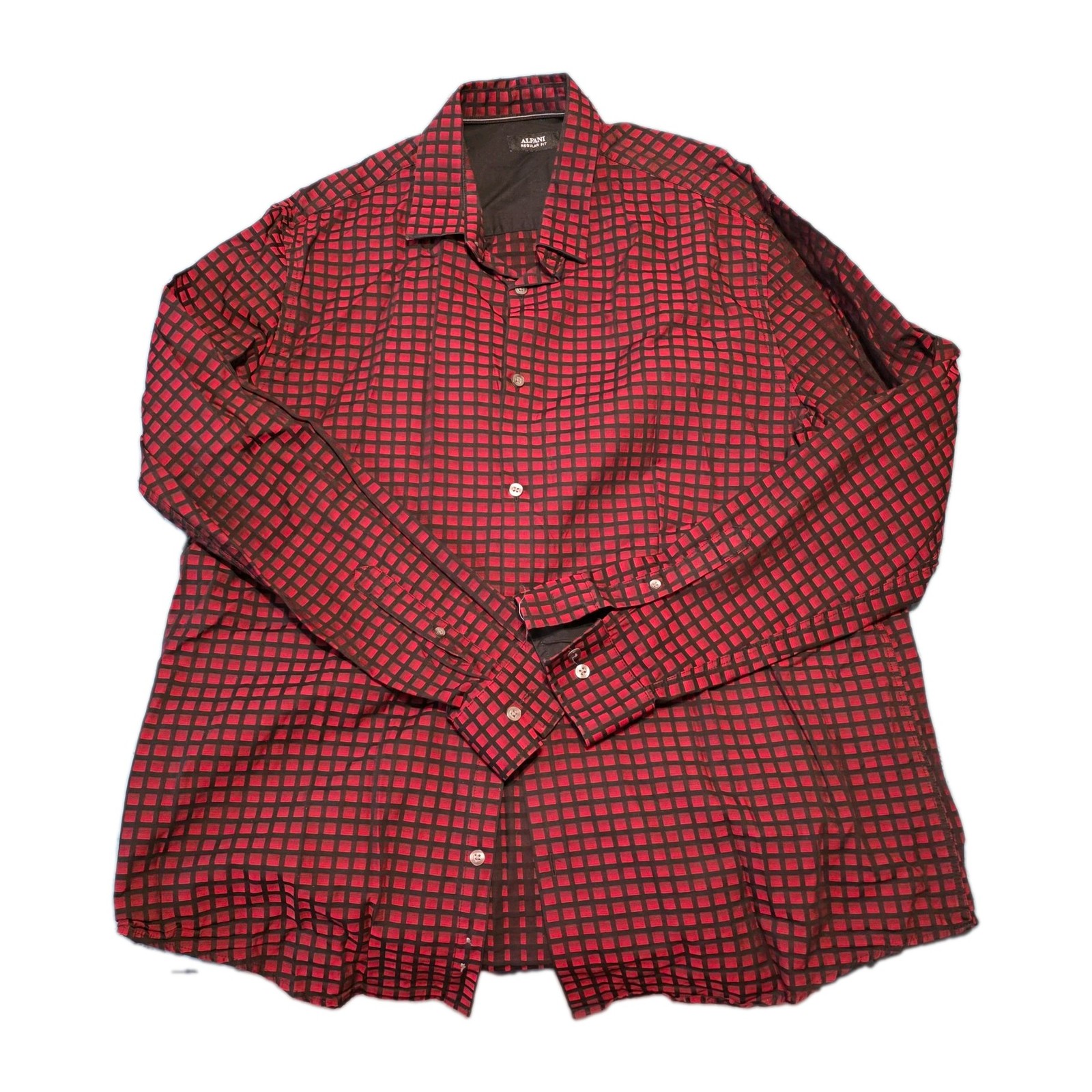 Alfani Regular Fit XL Red/Black Check Cotton Long Sleeve Button Dress Shirt Alfani Regular Fit XL Red/Black Check Cotton Long Sleeve Button Dress Shirt