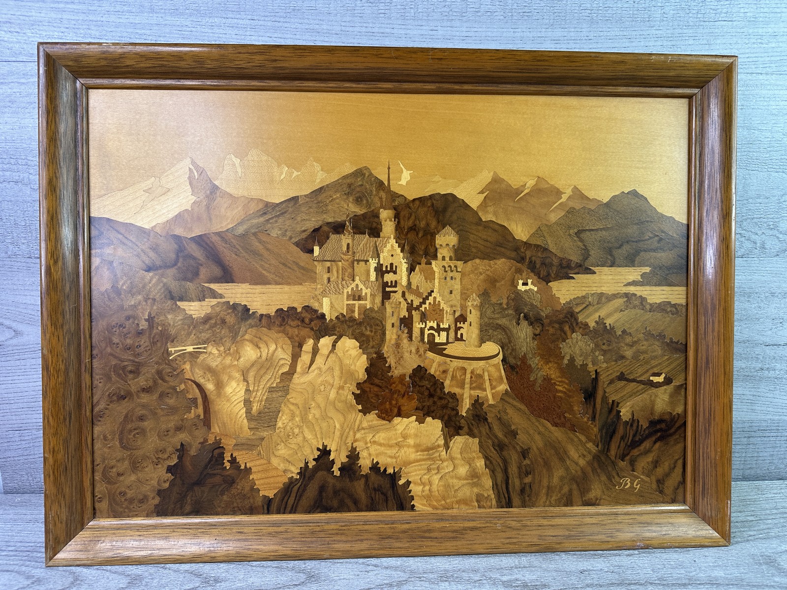 Vtg Buchschmid & Grétaux Neuschwanstein Castle Wood Inlay Art Framed 15
