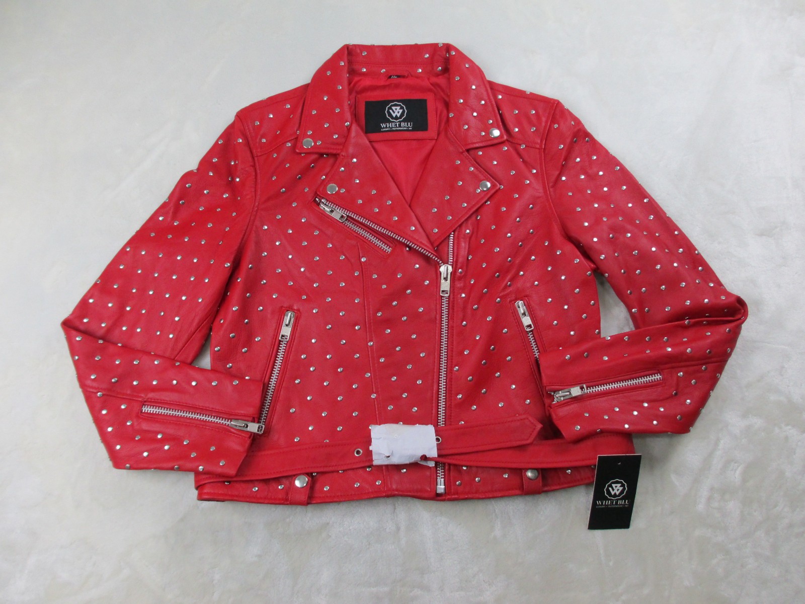NEW Whet Blu Claudia Studded Jacket Womens Extra Large Red Leather Belted Ladies NEW Whet Blu Claudia Studded Jacket Womens Extra Large Red Leather Belted Ladies