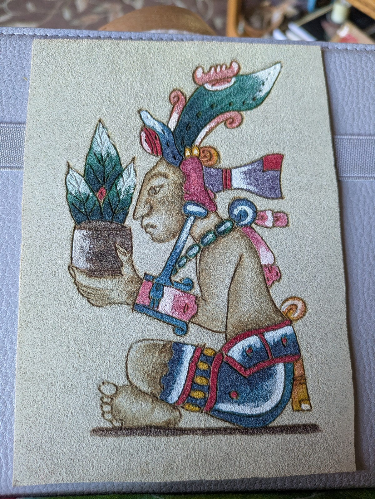 Vintage Etched Burn & Paint Of Mayan God Yum Kaax On Beautiful Suede And framed Vintage Etched Burn & Paint Of Mayan God Yum Kaax On Beautiful Suede And framed