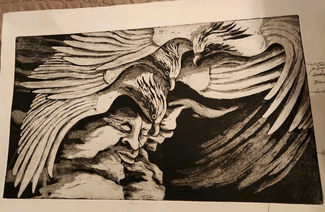  Vintage Surrealist Art Print – Human Face & Birds. Art From An Unknown Artist